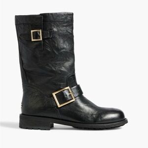 Jimmy Choo Black Leather Combat Boots with Gold Buckles